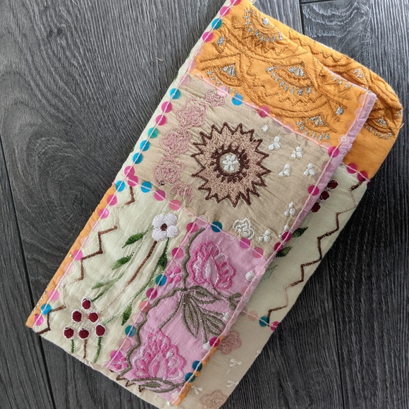 Boho Patchwork Embroidered Fabric Clutch Sequins Orange Pink Cream - Picture 5 of 6
